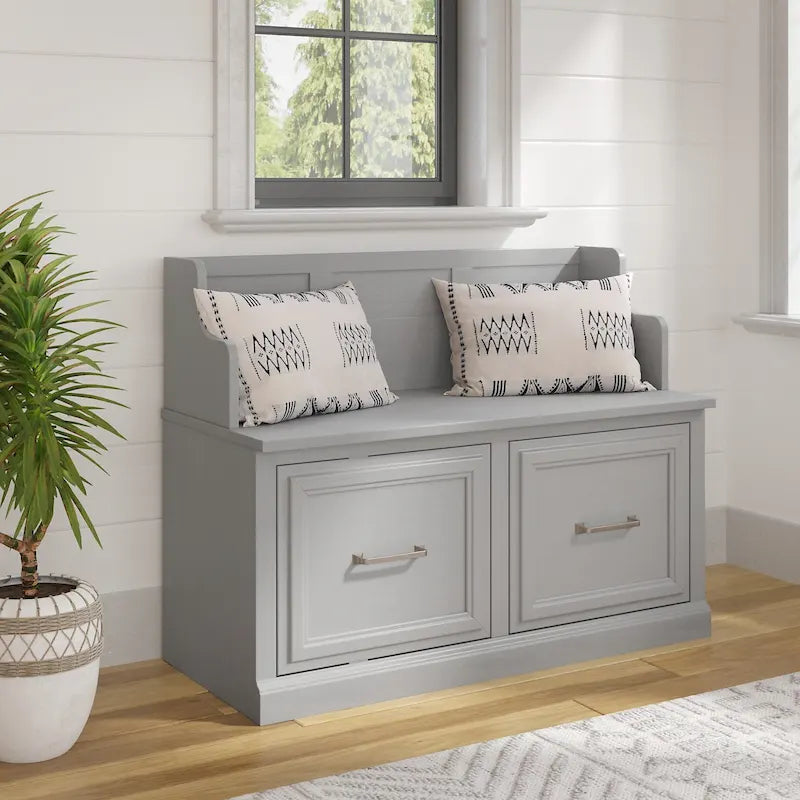 Transitional Entryway Storage Bench with Doors and Seat Back