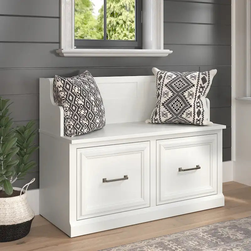 Transitional Entryway Storage Bench with Doors and Seat Back