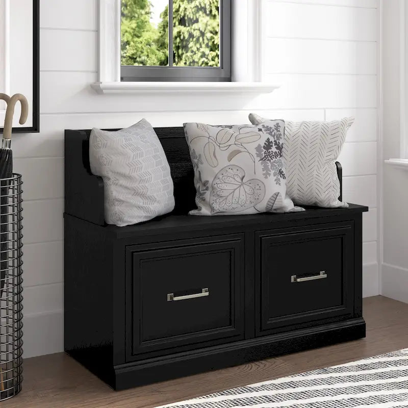 Transitional Entryway Storage Bench with Doors and Seat Back