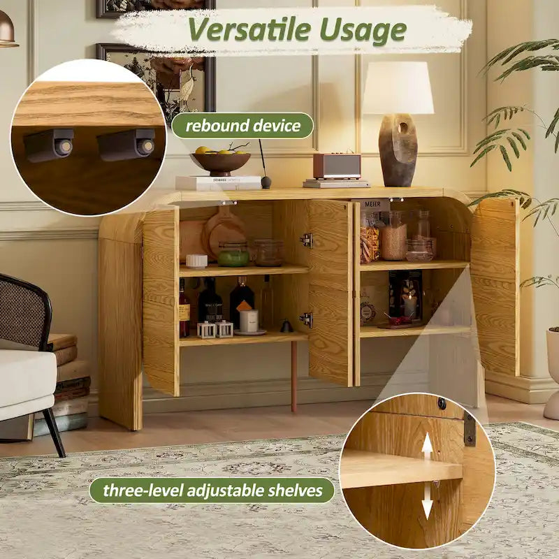 Bahut en bois avec bord incurvé et étagères réglables