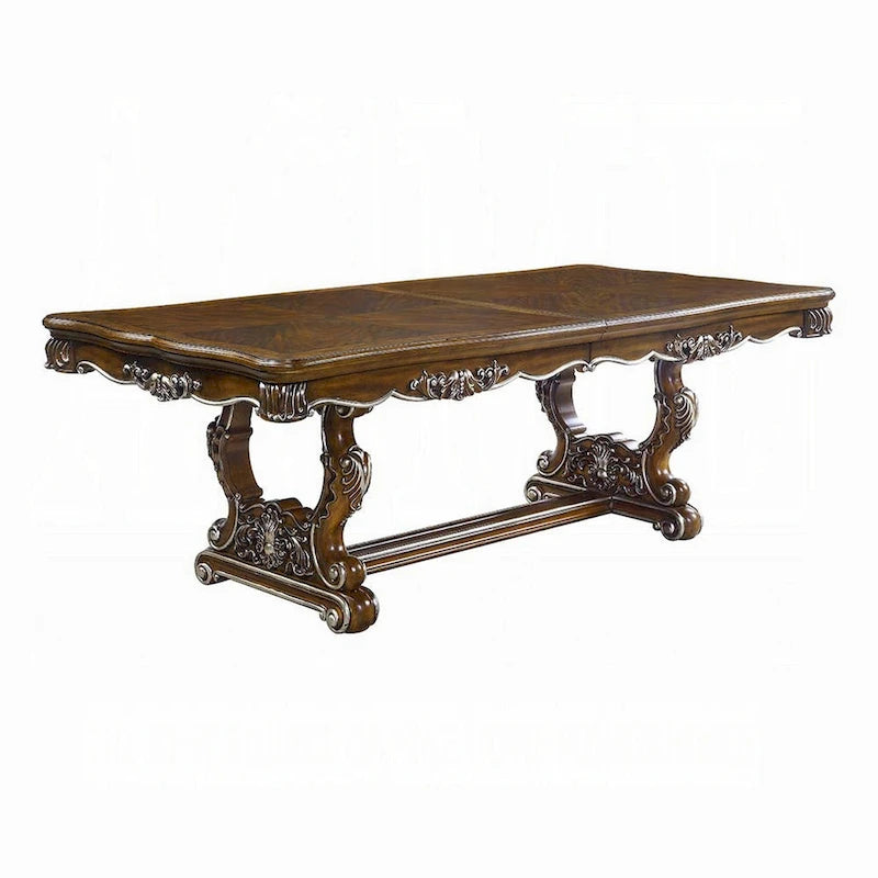 Maver Dining Table, Carved Silver Trim 90-114 Inch Classic Antique Oak