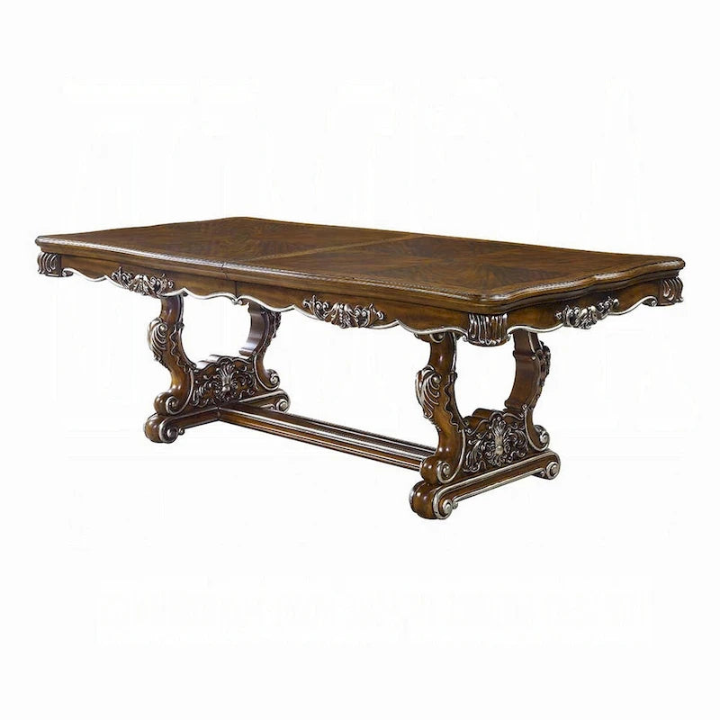 Table de salle à manger extensible en chêne antique classique, bordure argentée sculptée