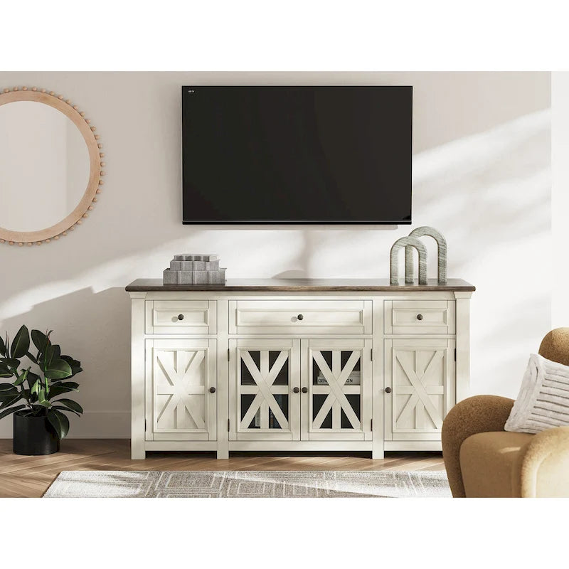 Meuble TV de style ferme blanc et gris de 73 pouces pour téléviseurs jusqu'à 83 pouces