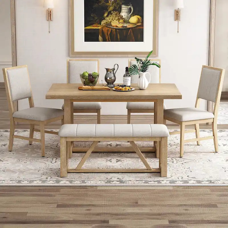 Acacia Wood Rectangular Dining Table with Carved Trestle Base, Oak Veneer Top