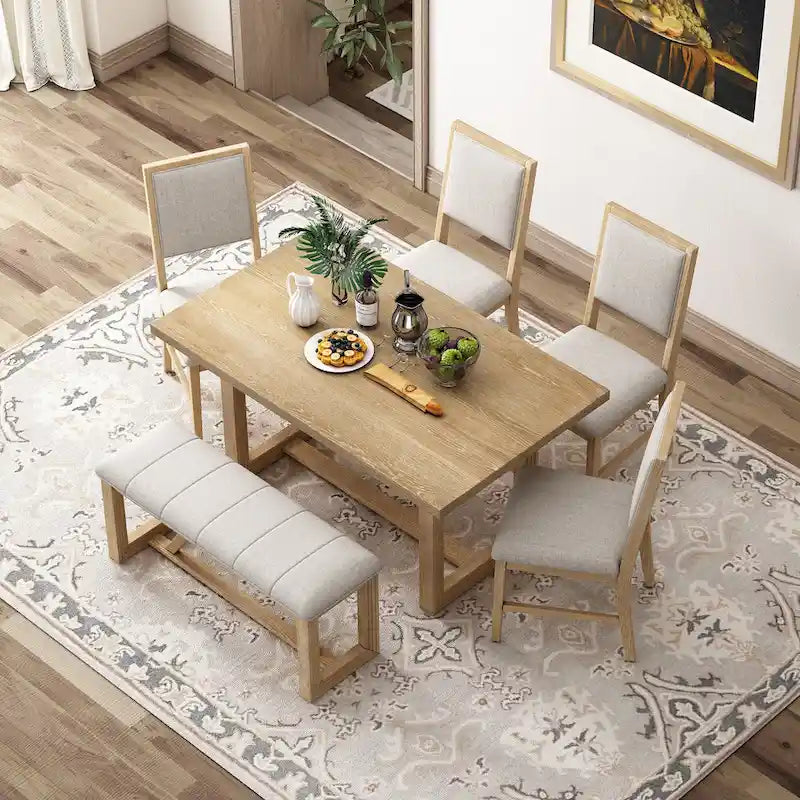 Acacia Wood Rectangular Dining Table with Carved Trestle Base, Oak Veneer Top