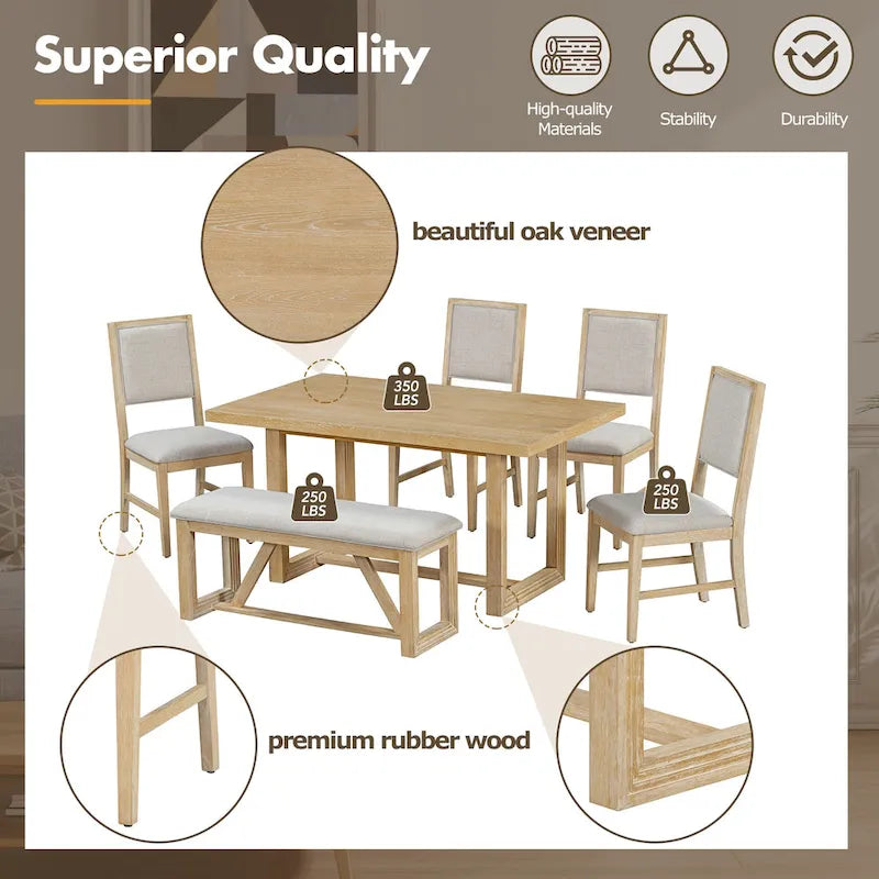 Table à manger rectangulaire en bois d'acacia avec piètement tréteau sculpté, plateau en placage de chêne