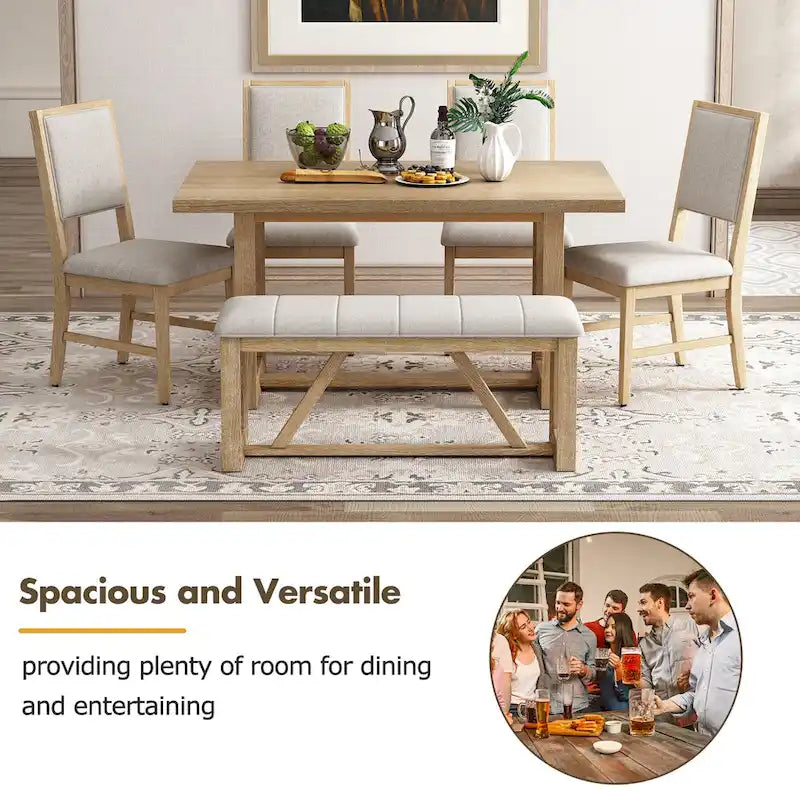 Table à manger rectangulaire en bois d'acacia avec piètement tréteau sculpté, plateau en placage de chêne