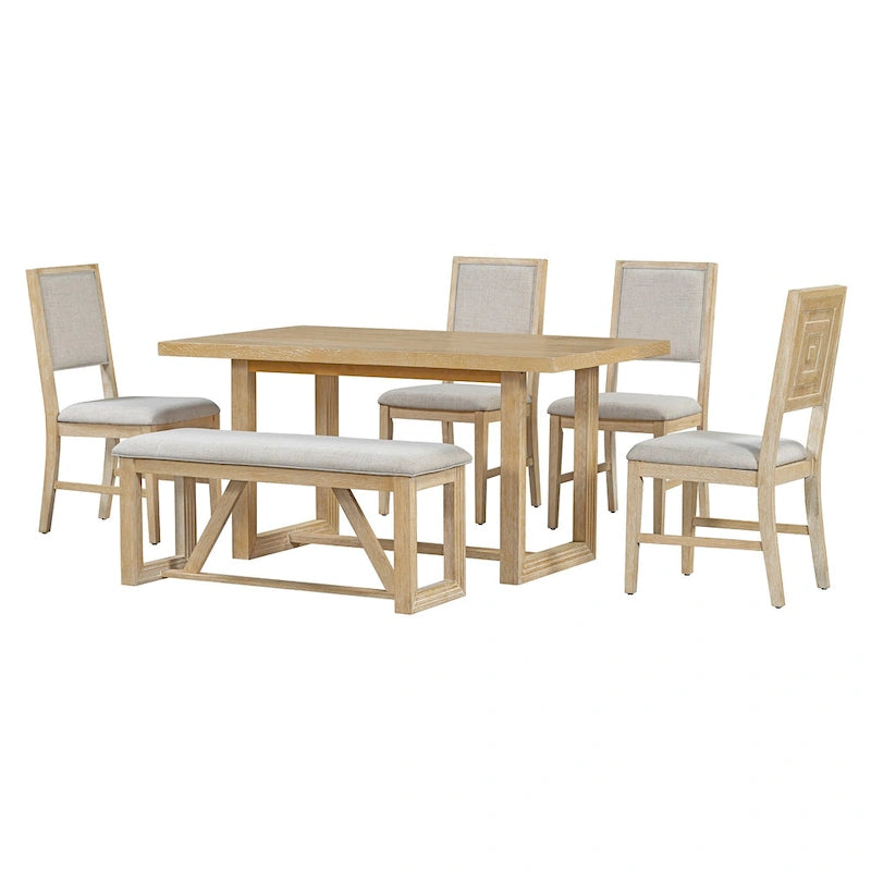 Table à manger rectangulaire en bois d'acacia avec piètement tréteau sculpté, plateau en placage de chêne