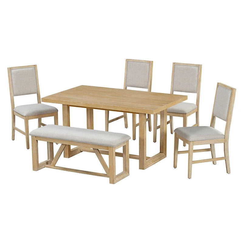 Table à manger rectangulaire en bois d'acacia avec piètement tréteau sculpté, plateau en placage de chêne