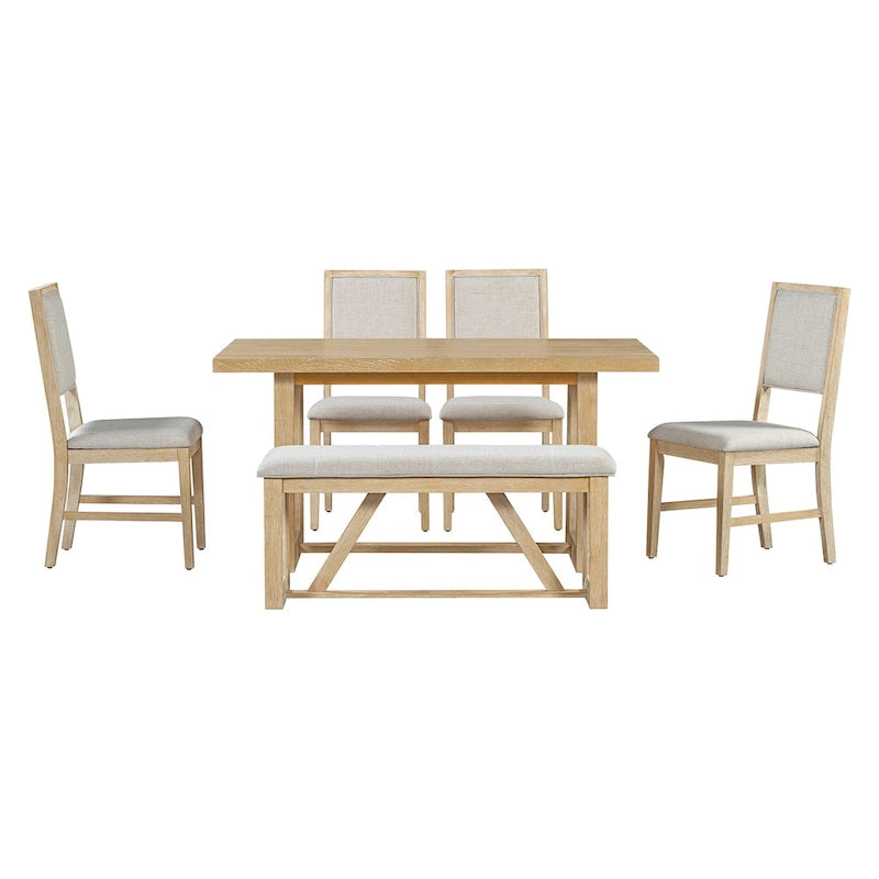 Table à manger rectangulaire en bois d'acacia avec piètement tréteau sculpté, plateau en placage de chêne
