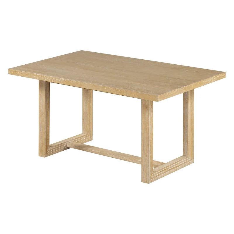 Table à manger rectangulaire en bois d'acacia avec piètement tréteau sculpté, plateau en placage de chêne