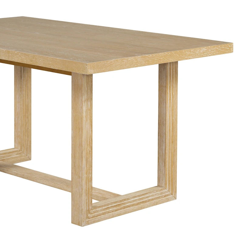 Table à manger rectangulaire en bois d'acacia avec piètement tréteau sculpté, plateau en placage de chêne