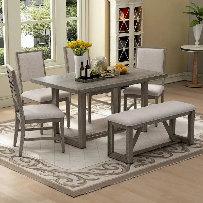 Table à manger rectangulaire en bois d'acacia avec piètement tréteau sculpté, plateau en placage de chêne