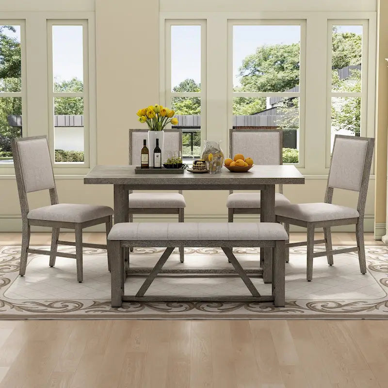 Table à manger rectangulaire en bois d'acacia avec piètement tréteau sculpté, plateau en placage de chêne