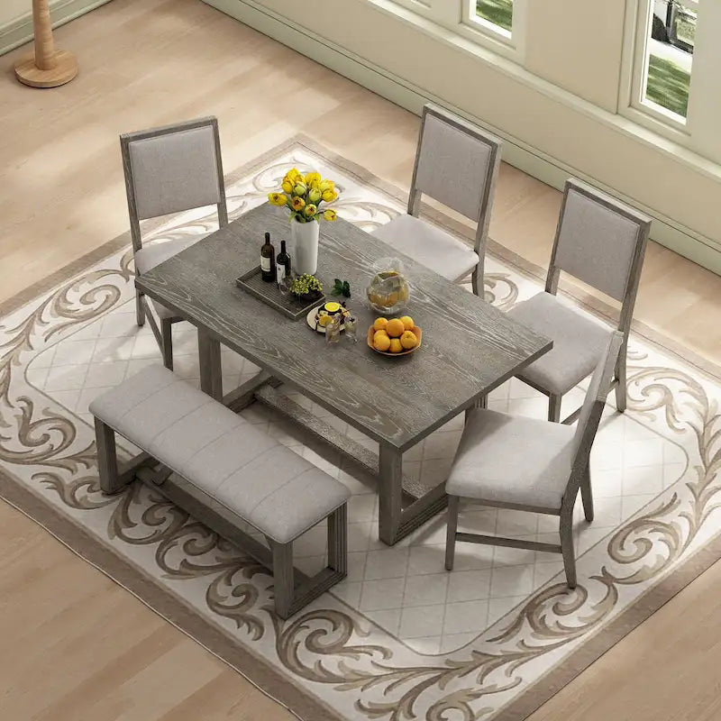 Table à manger rectangulaire en bois d'acacia avec piètement tréteau sculpté, plateau en placage de chêne