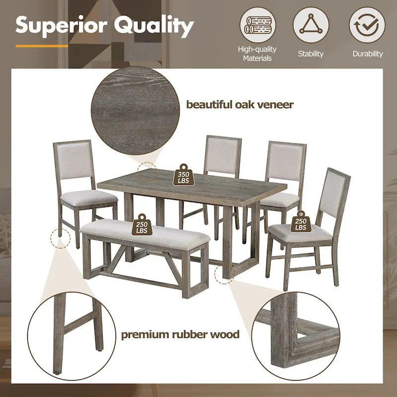 Table à manger rectangulaire en bois d'acacia avec piètement tréteau sculpté, plateau en placage de chêne