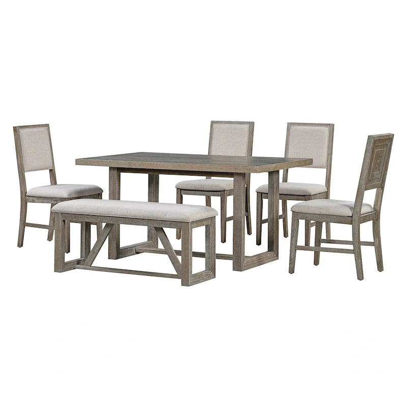 Table à manger rectangulaire en bois d'acacia avec piètement tréteau sculpté, plateau en placage de chêne