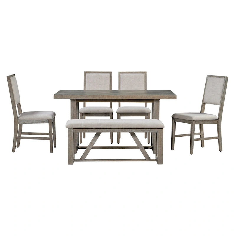 Table à manger rectangulaire en bois d'acacia avec piètement tréteau sculpté, plateau en placage de chêne