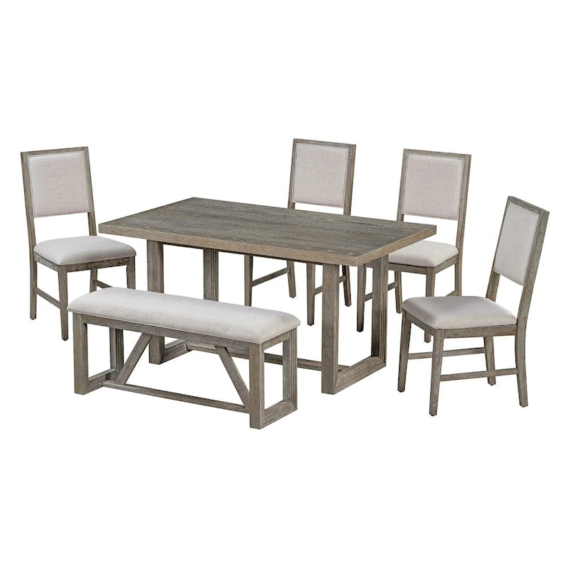 Table à manger rectangulaire en bois d'acacia avec piètement tréteau sculpté, plateau en placage de chêne