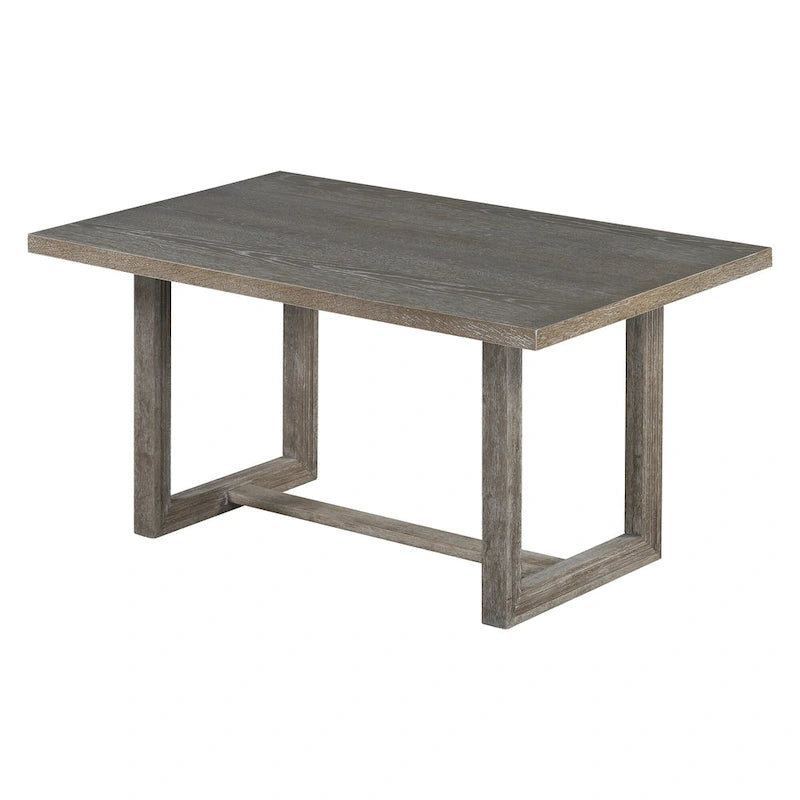 Table à manger rectangulaire en bois d'acacia avec piètement tréteau sculpté, plateau en placage de chêne