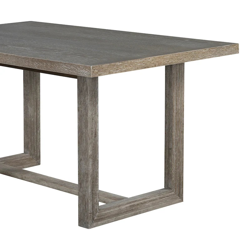 Table à manger rectangulaire en bois d'acacia avec piètement tréteau sculpté, plateau en placage de chêne
