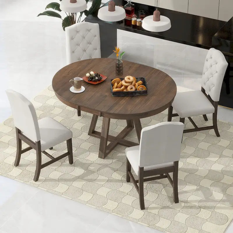 Extendable Round Dining Table with Cross-Shaped Legs Farmhouse Retro Style