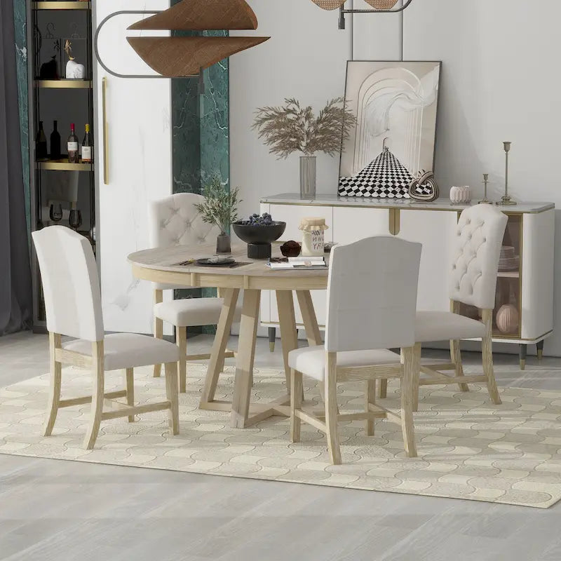 Extendable Round Dining Table with Cross-Shaped Legs Farmhouse Retro Style