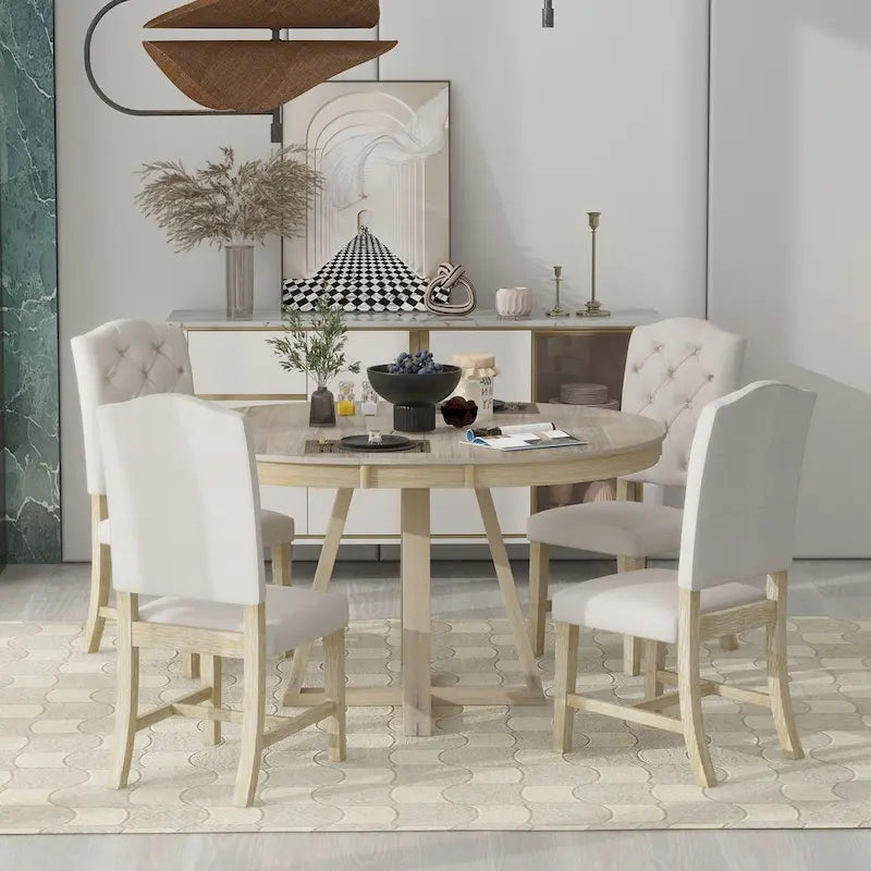 Extendable Round Dining Table with Cross-Shaped Legs Farmhouse Retro Style