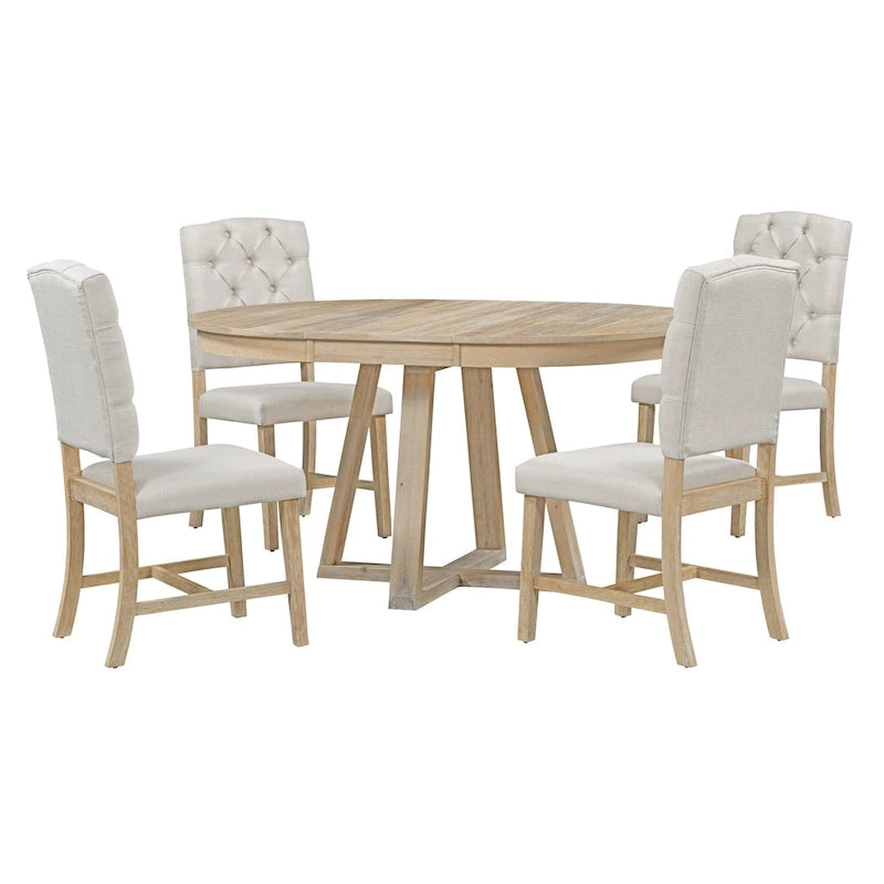 Extendable Round Dining Table with Cross-Shaped Legs Farmhouse Retro Style