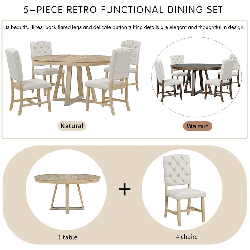 Table à manger ronde extensible avec pieds en croix style rétro champêtre