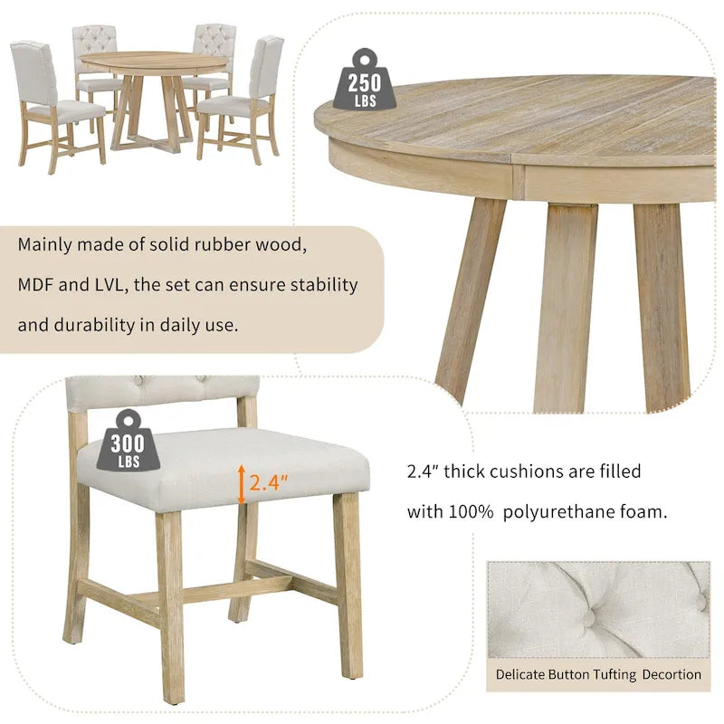Table à manger ronde extensible avec pieds en croix style rétro champêtre