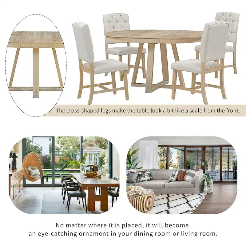 Table à manger ronde extensible avec pieds en croix style rétro champêtre