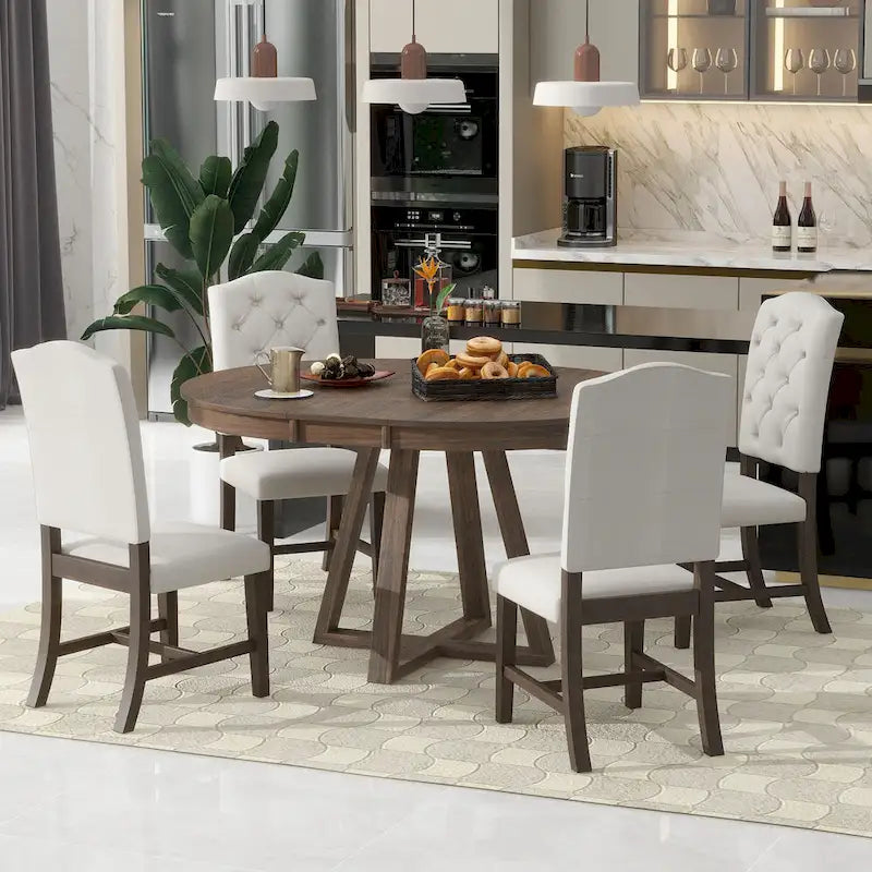 Table à manger ronde extensible avec pieds en croix style rétro champêtre