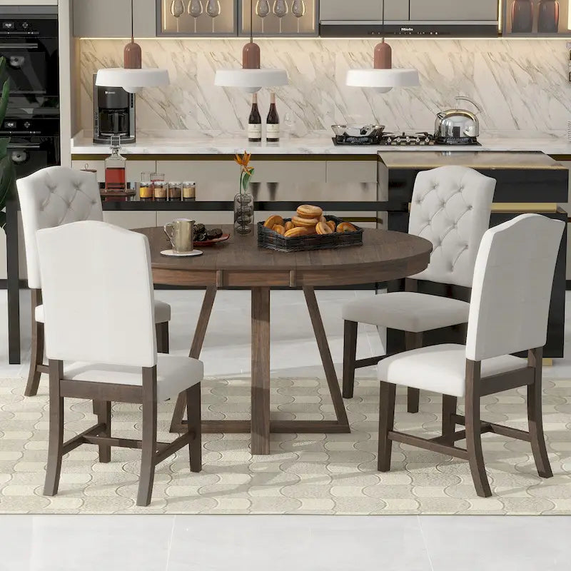 Table à manger ronde extensible avec pieds en croix style rétro champêtre