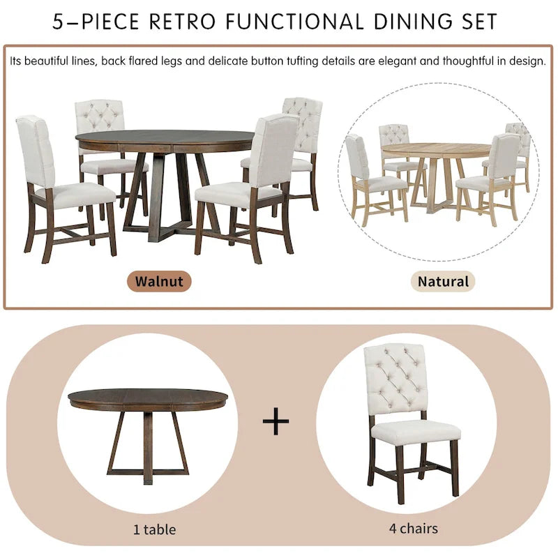 Table à manger ronde extensible avec pieds en croix style rétro champêtre