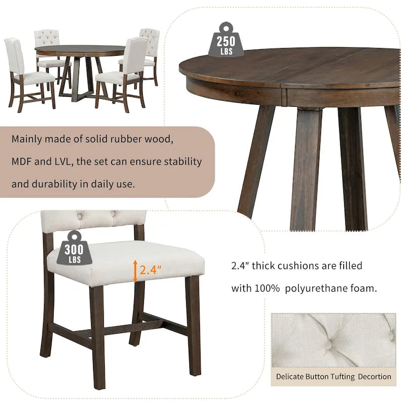 Table à manger ronde extensible avec pieds en croix style rétro champêtre