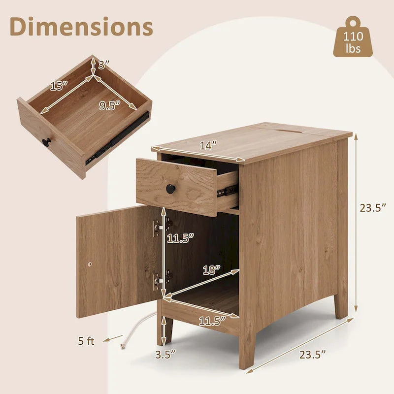 End Table with Charging Station Flip Top Bedside Table