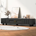 Meuble TV moderne avec portes en verre trempé, tiroirs et rangements pour salon