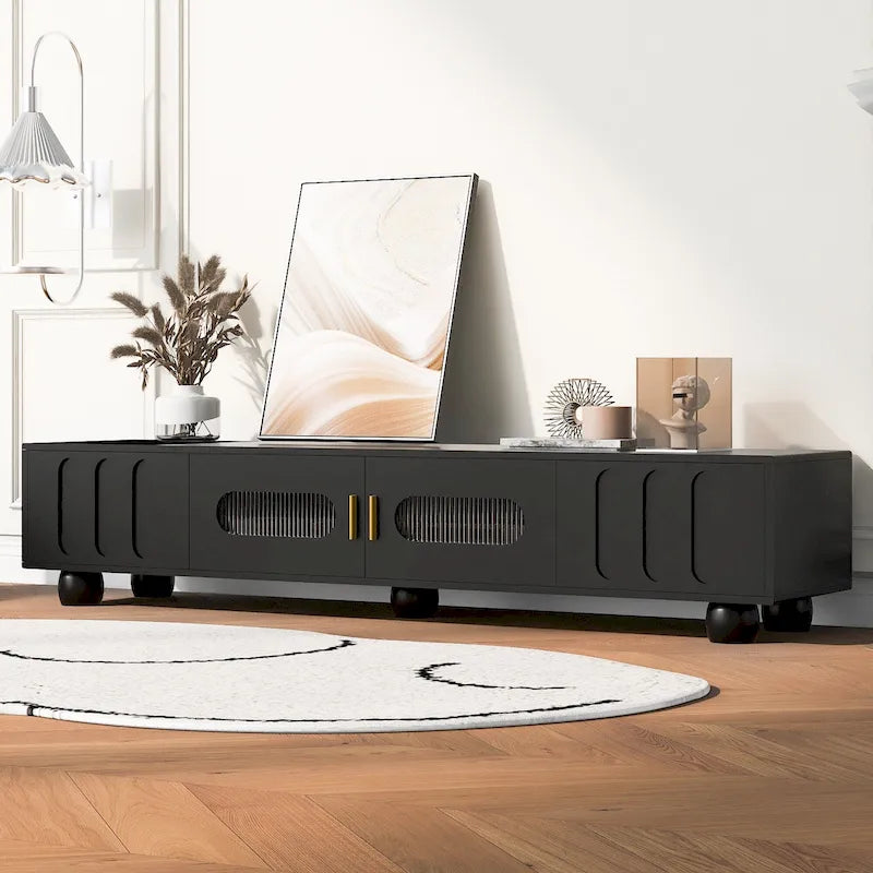 Modern TV Stand with Tempered Glass Doors Drawers and Storage for Living Room