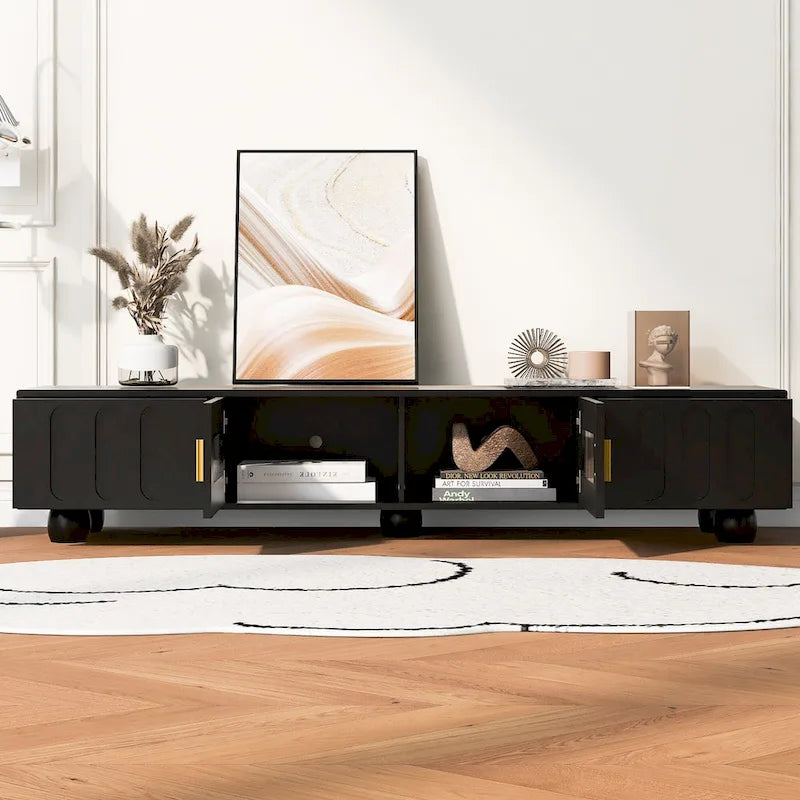 Modern TV Stand with Tempered Glass Doors Drawers and Storage for Living Room