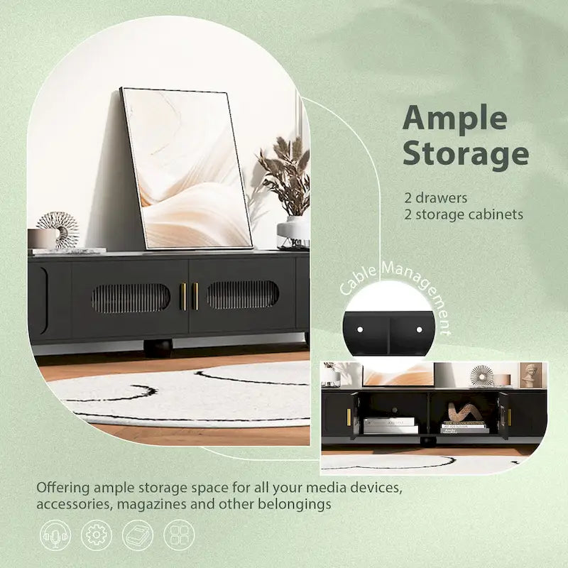 Meuble TV moderne avec portes en verre trempé, tiroirs et rangements pour salon