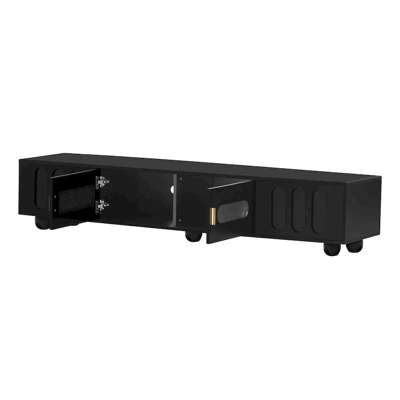 Meuble TV moderne avec portes en verre trempé, tiroirs et rangements pour salon