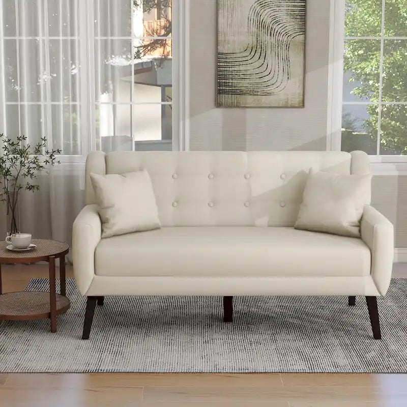 Tufted Linen Cotton 2-Seater Sofa Mid-Century Modern Style