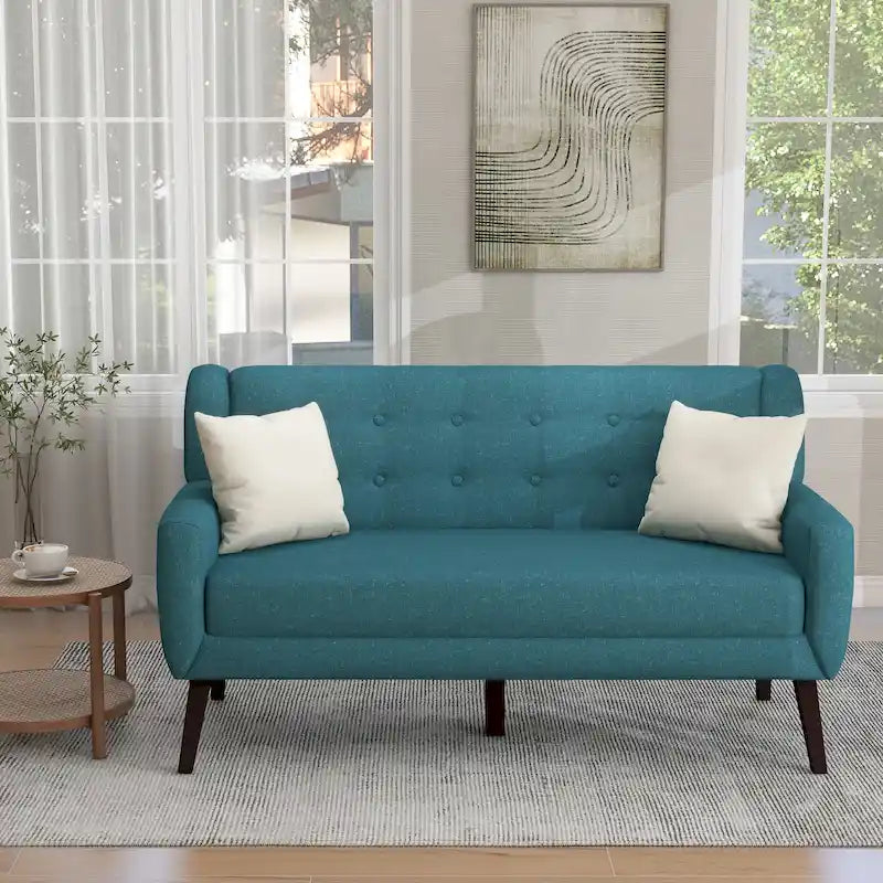 Tufted Linen Cotton 2-Seater Sofa Mid-Century Modern Style