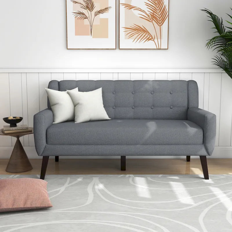 Tufted Linen Cotton 2-Seater Sofa Mid-Century Modern Style