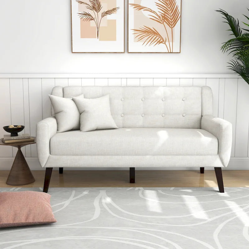 Tufted Linen Cotton 2-Seater Sofa Mid-Century Modern Style