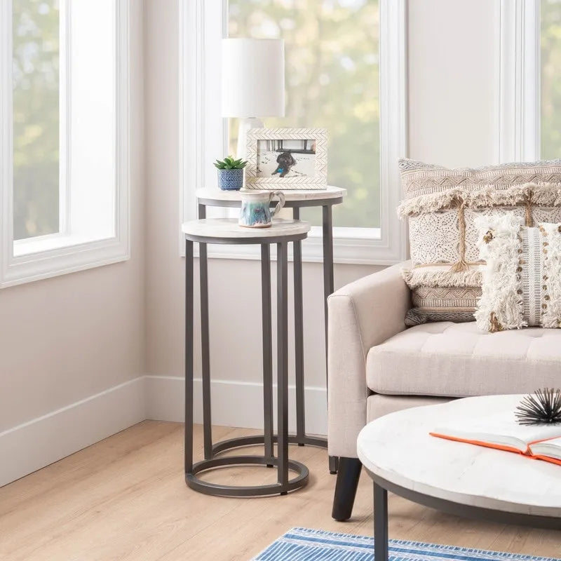Round Nesting Accent Side Table Modern Wood Metal Living Room