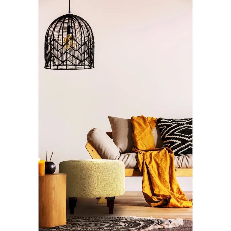Round Upholstered Ottoman with Textured Fabric and Espresso Wood Legs