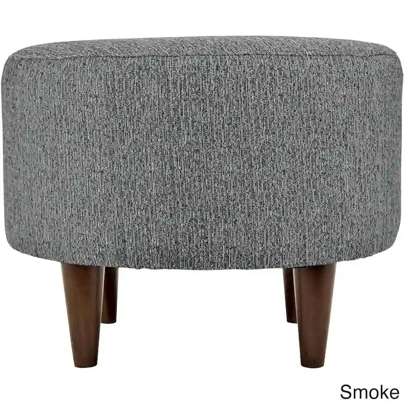 Round Upholstered Ottoman with Textured Fabric and Espresso Wood Legs