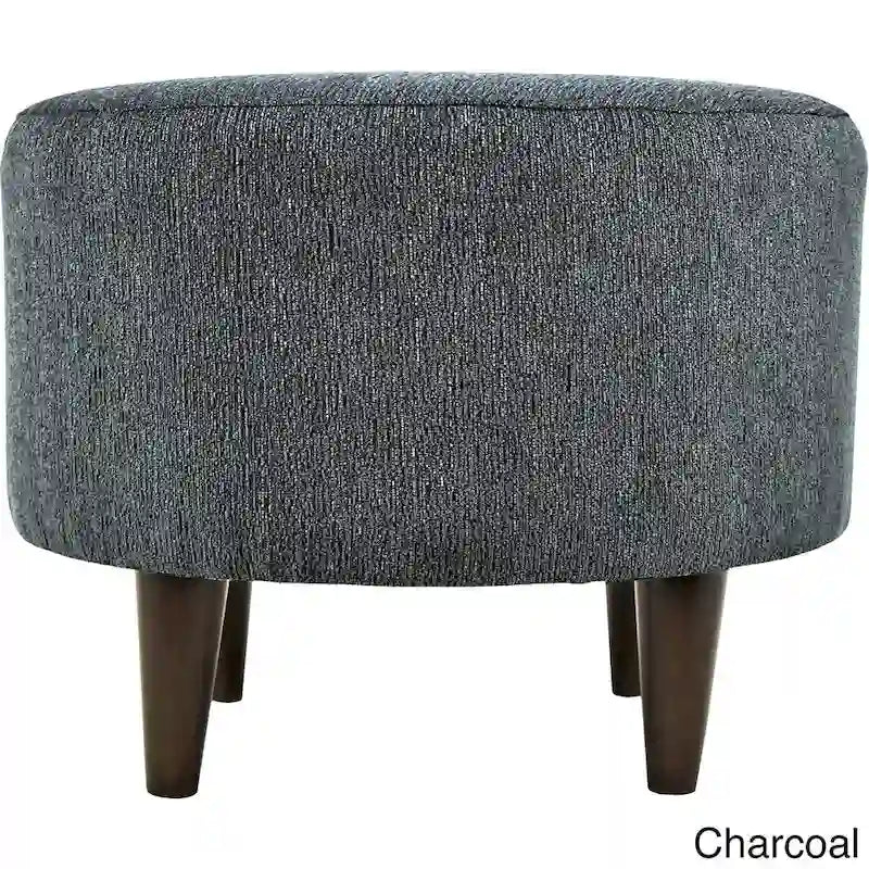 Pouf rembourré rond en tissu texturé avec pieds en bois espresso